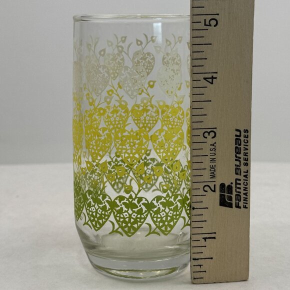Set Of 4 Vintage Green Yellow Ombre Hearts and Vines Glass Tumblers 12 oz MCM - Picture 4 of 9